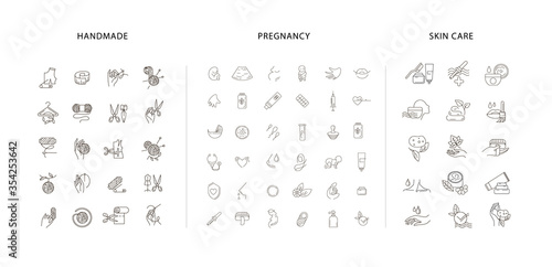 Vector icon and logo for pegnancy and gynecology, handmade and natural cosmetics. Editable outline stroke size. Line flat contour, thin and linear design. Simple icons. Sign, symbol