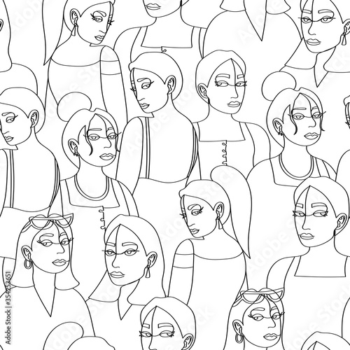 Hand drawn abstract woman faces in line art style, seamless pattern background, modern minimalism art, aesthetic contour, vector illustration