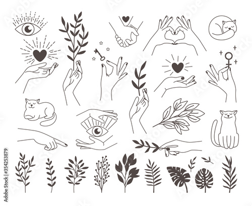 Collection icons magic hands tattoo. Design logos female vector hands with mystical illustrations heart, key, occult eye, cat icon and set of branches on white back