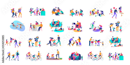 Collection of family hobby activities . Mother, father and children teach daughter to ride bike, play with dog corgi, read book and teach child, gardening and plant sprouts together. Cartoon
