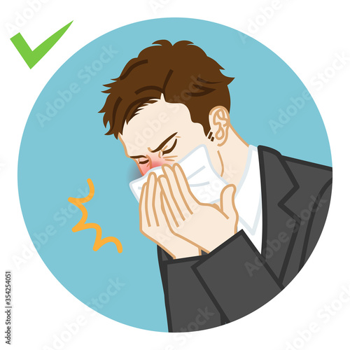 Coughing businessman covered mouth by a handkerchief - circular icon clipart