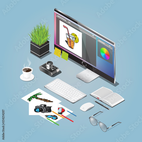 Vector isometric designer working place. Artist on working proccess