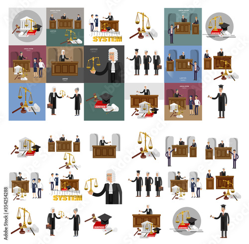 Law horizontal banner set with judical system elements isolated vector illustration