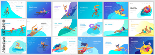 People family and children in sea, pool or ocean performing activities. Men or women swimming in swimwear, diving, surfing, lying on floating air mattress, playing ball. Cartoon vector
