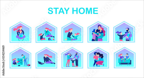 Set of Stay at home concept of coronavirus prevention, awareness social media campaign. People and family on quarantine staying together at home. Protection and revention