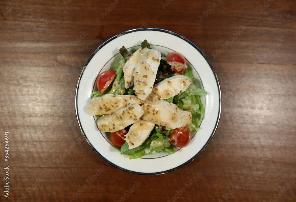 grilled chicken salad recipe. top view. grilled chicken salad recipe. top view.