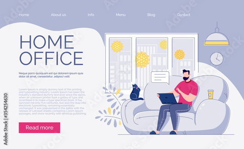 A freelance employee works at home at a quiet pace, at a convenient time. Site template. The concept of self-employment. Vector flat cartoon style illustration.