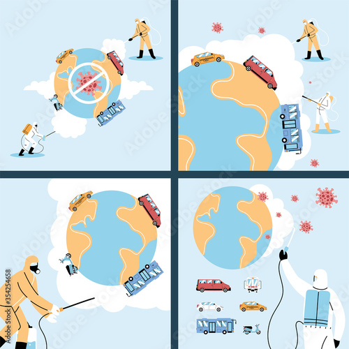 men wearing a protective suit disinfects vehicles by coronavirus or covid 19