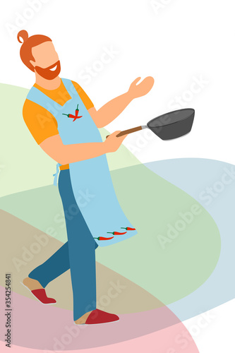 Cheerful cook in apron with pepper. A man holds in his hand a pan for cooking. Vector in a flat style with an abstract background.