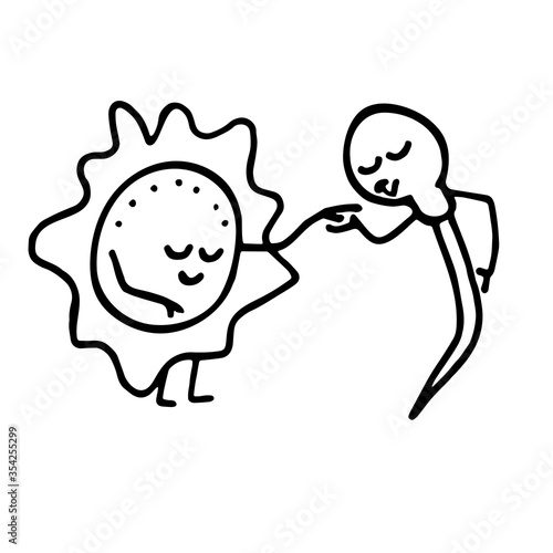 the sperm kisses the egg s hand. Joke funny vector illustration on the theme of reproduction. Merging of male and female cells. Doodle fertilization