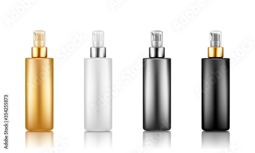 Pump bottle mockups: serum, bb cream. Plastic package design. Gold, silver, black, white cosmetic, hygiene, skincare template with transparent cap. Set of isolated 3d realistic vector illustrations