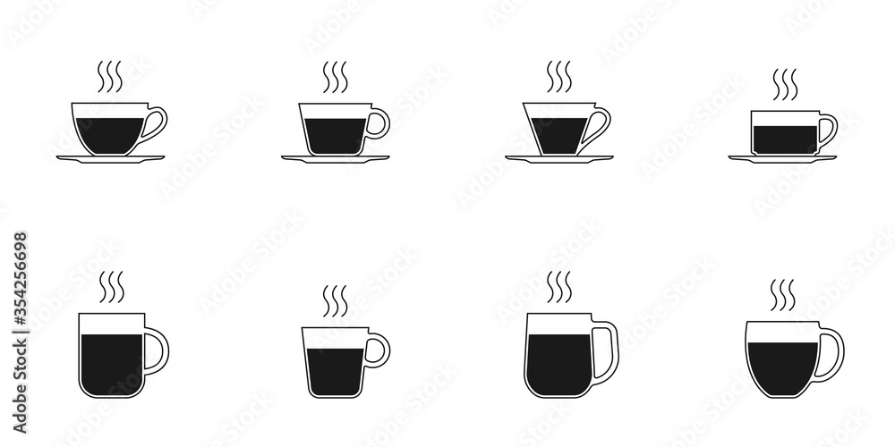 Coffee and tee cup icon set. Hot drink mug silhouettes with steam. Vector illustration. Coffee and tee cup icon set. Hot drink mug silhouettes with steam. Vector illustration.