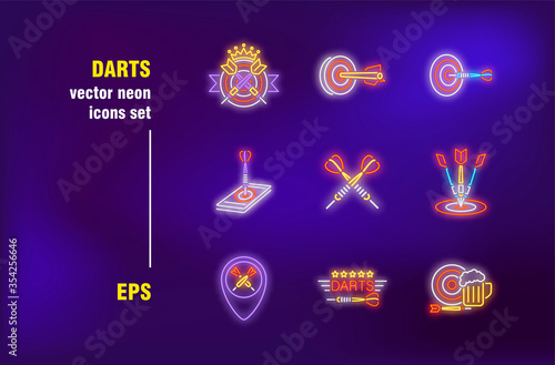 Darts neon signs set. Arrow, target, aim, beer, bar, accuracy, bullseye, tournament. Night bright advertising. Vector illustration in neon style for banners, posters, flyers design