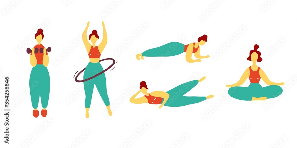 Different sport poses. Girl training. Workout concept. Flat vector graphic