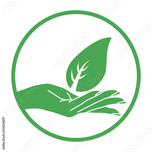 Elegant hand with green plant and leaf. Agricultural organic and natural products sign. healthy lifestyle concept. Sprout or new life logotype.  