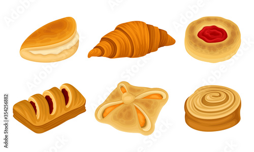 Flour Confectionery or Pastry with Sweet Wheat Bun and Baked Roll with Jam and Curd Vector Set
