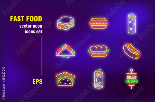 Fast food neon signs set. Sandwich, burger, hotdog, kebab, roadside, diner, cafe. Night bright advertising. Vector illustration in neon style for banners, signboards, signposts design