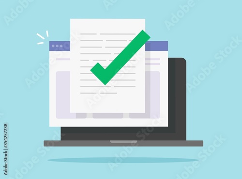 Approved and confirmed document file check online on laptop computer or quality control of text writing and creating icon flat cartoon, concept of digital accepted or certified license paper form