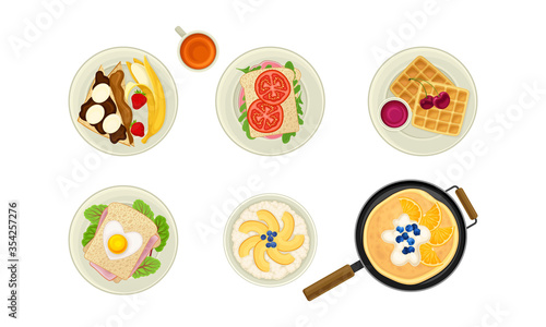 Food for Breakfast with Porridge and Pancake with Whipped Cream Rested in Frying Pan Top View Vector Set