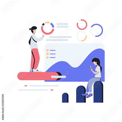 Man and woman work with data graph and statistics flat illustration.