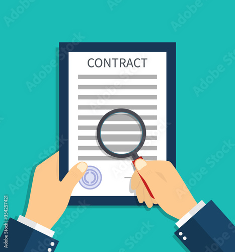 Contract document with magnifying glass in hand. Check and search in legal agreement the fraud. Review text for control with lupe. Verification or audit of finance. Report of inspection. Vector