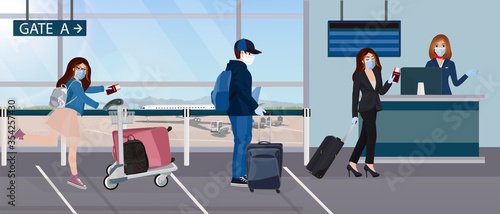 People staying in the line in the airport and keeping social distance during coronavirus pandemic. People in medical masks to be protected from coronavirus.