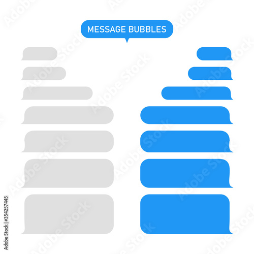 Message bubble for text. Chat or messenger in phone. Box for sms and speech. Interface for social app-talk. Blue and gray template for conversation. Service, background of dialog in mobile. Vector