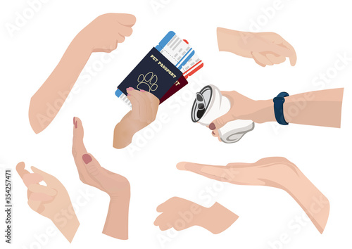 Set of hands showing different gestures. Isolated flat vector illustration