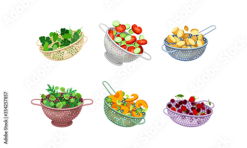 Kitchen Colanders or Strainers with Vegetables and Greenery Vector Set