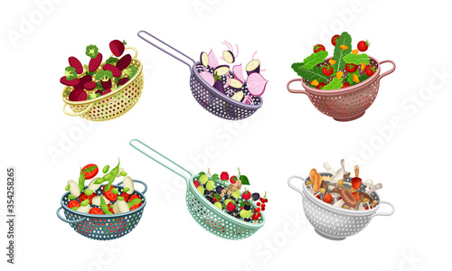 Kitchen Colanders or Strainers with Vegetables and Berries Vector Set