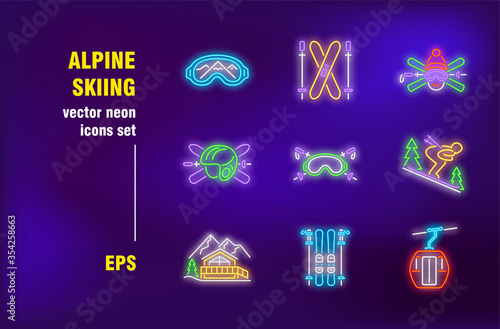 Alpine skiing neon signs set. Skier on slope, protective helmet, mountain resort, winter sport. Night bright advertising. Vector illustration in neon style for banners, posters, flyers design
