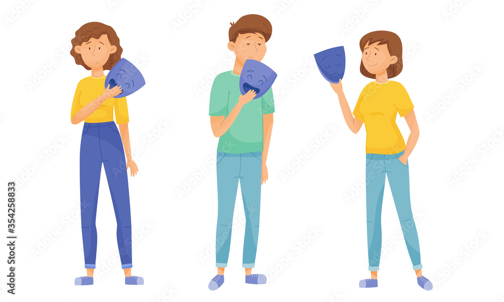 Obraz premium People Characters Expressing Various Emotions Standing and Holding Masks with Opposite Emotions in Their Hands Vector Illustrations Set