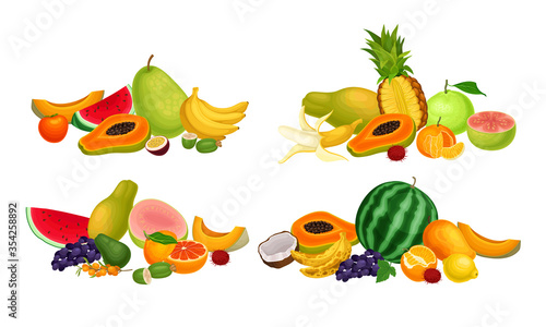 Fototapeta Naklejka Na Ścianę i Meble -  Exotic Fruits Composition with Watermelon and Papaya Vector Set