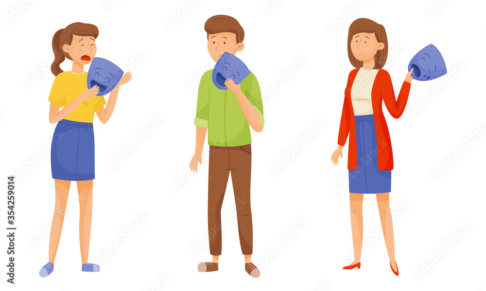 People Characters Expressing Various Emotions Standing and Holding Masks with Opposite Emotions in Their Hands Vector Illustrations Set