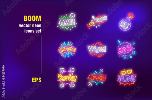 Comic funny patches neon signs set. Boom, wow, burst, megaphone, cloud, hot sale bomb. Night bright advertising. Vector illustration in neon style for banners, posters, flyers design photo