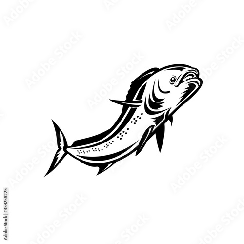 Mahi-mahi or Common Dolphinfish Jumping Up Retro Black and White