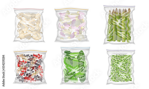 Chopped Frozen Vegetables and Greenery Stored in Plastic Packages Vector Set