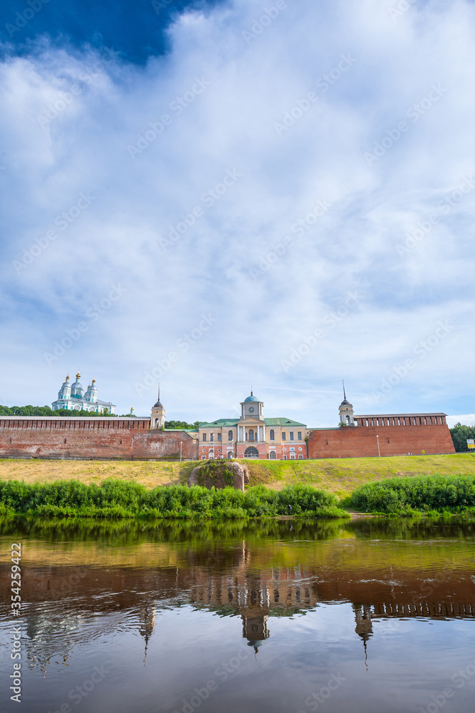 The central historical part of the ancient city of Smolensk. Remnants of defense buildings and the Assumption Cathedral on the slopes of the right bank of the Dnieper River.