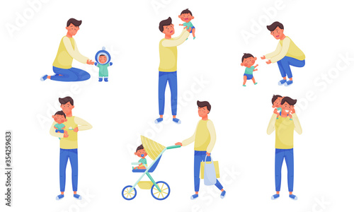 Young Father Feeding Walking and Playing with His Little Baby Vector Illustration Set
