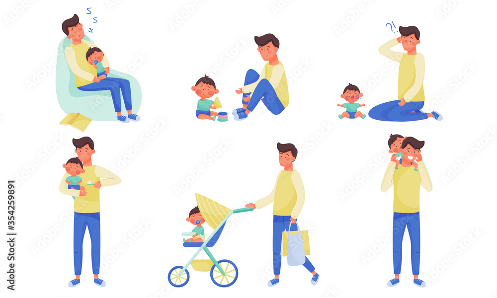 Young Father Feeding Walking and Playing with His Little Baby Vector Illustration Set