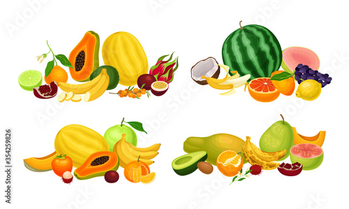 Fototapeta Naklejka Na Ścianę i Meble -  Exotic Fruits Composition with Banana Bunch and Papaya Vector Set