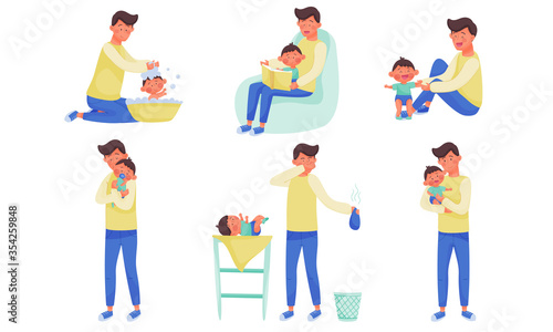 Young Father Changing Diaper, Bathing and Playing with His Little Baby Vector Illustration Set