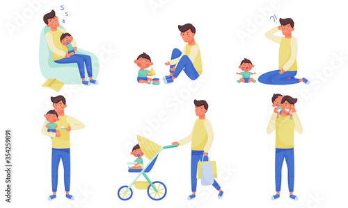 Young Father Feeding Walking and Playing with His Little Baby Vector Illustration Set
