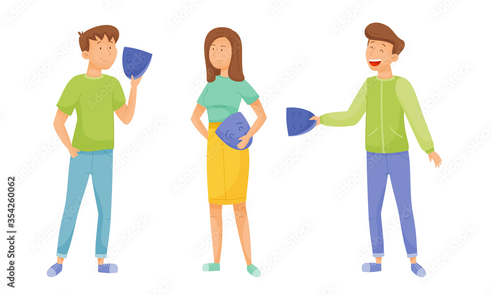 Fototapeta premium People Characters Expressing Various Emotions Standing and Holding Masks with Opposite Emotions in Their Hands Vector Illustrations Set