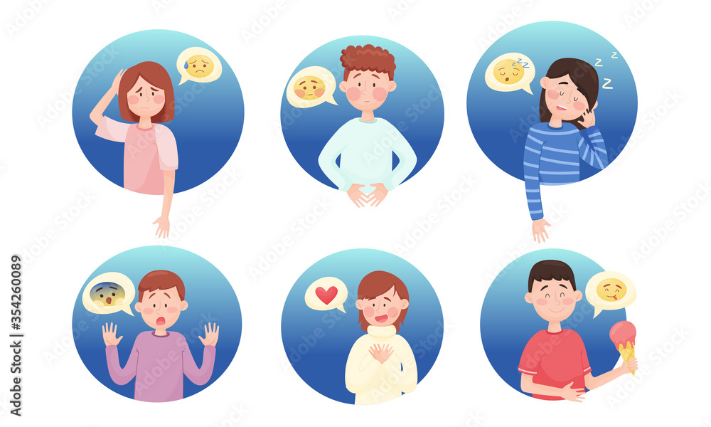 People Characters with Emoji Showing Different Emotional States and Feeling Like Scare and Love Vector Set People Characters with Emoji Showing Different Emotional States and Feeling Like Scare and Love Vector Set