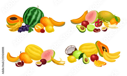 Fototapeta Naklejka Na Ścianę i Meble -  Exotic Fruits Composition with Melon and Papaya Vector Set