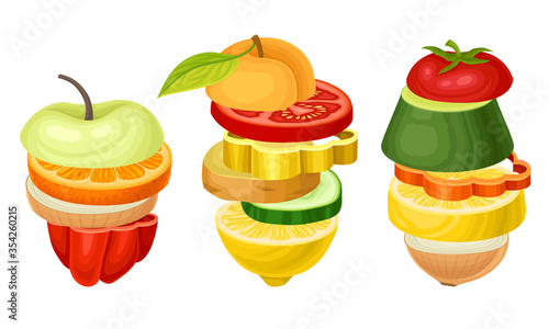 Sliced Fruits and Vegetables Arranged in Pile Vector Set