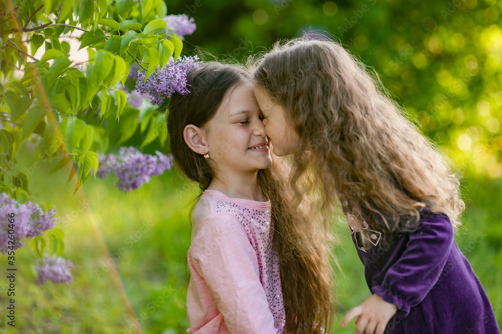 Two sisters play together outside the house in nature. Two sisters play together outside the house in nature.