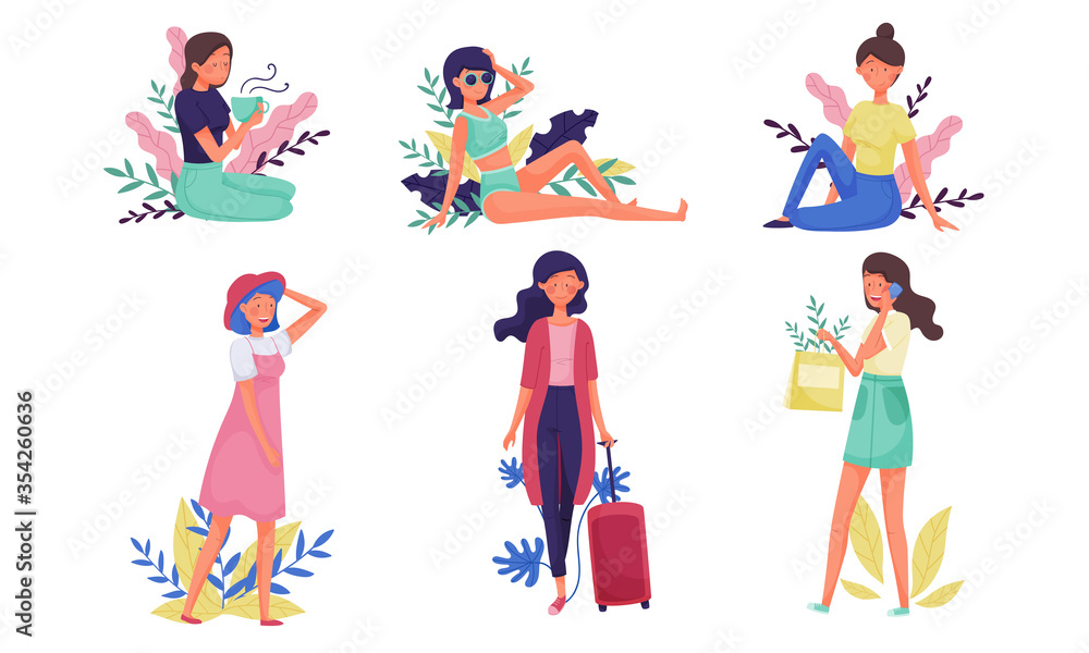 Young Woman Walking and Speaking by Phone with Floral Twigs and Branches Behind Vector Illustration Set