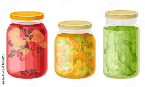 Glass Jars with Preserved Vegetables and Stewed Fruit Vector Set